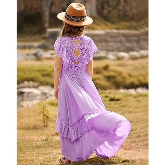 BIBIHOU Girls Lace Dress Ruffle Sleeve Boho Girl Dress, Lavender 6Y - Picture 4 of 8